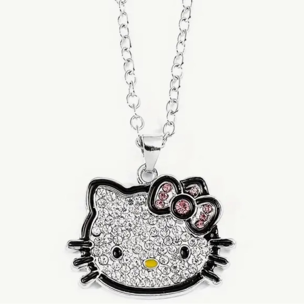 CUTE SANRIO Hello Kitty Rhinestone  Cat Necklace  Silver Plate Stainless NEW NWT
